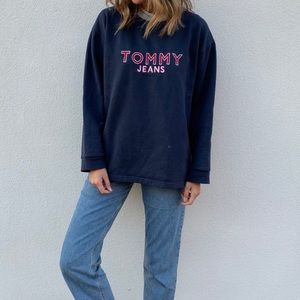 Vintage 90s Tommy Hilfiger Jeans Navy Blue Logo Sweater Pullover Crewneck Mens L